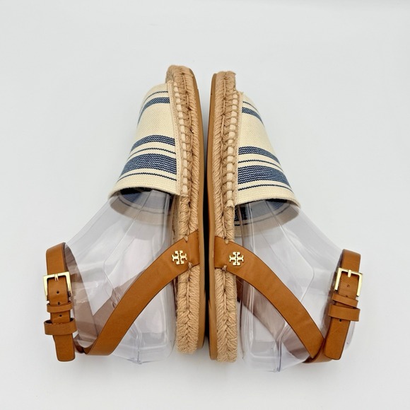 Tory Burch Espadrille Sandals Blue Ivory Striped Leather Ankle Strap Jute Size 8 - Picture 8 of 13